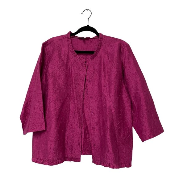 Eileen Fisher Womens Jacket Blouse L Pink Crinkled Silk Ruffle Neck 3/4 Sleeves - Picture 1 of 9